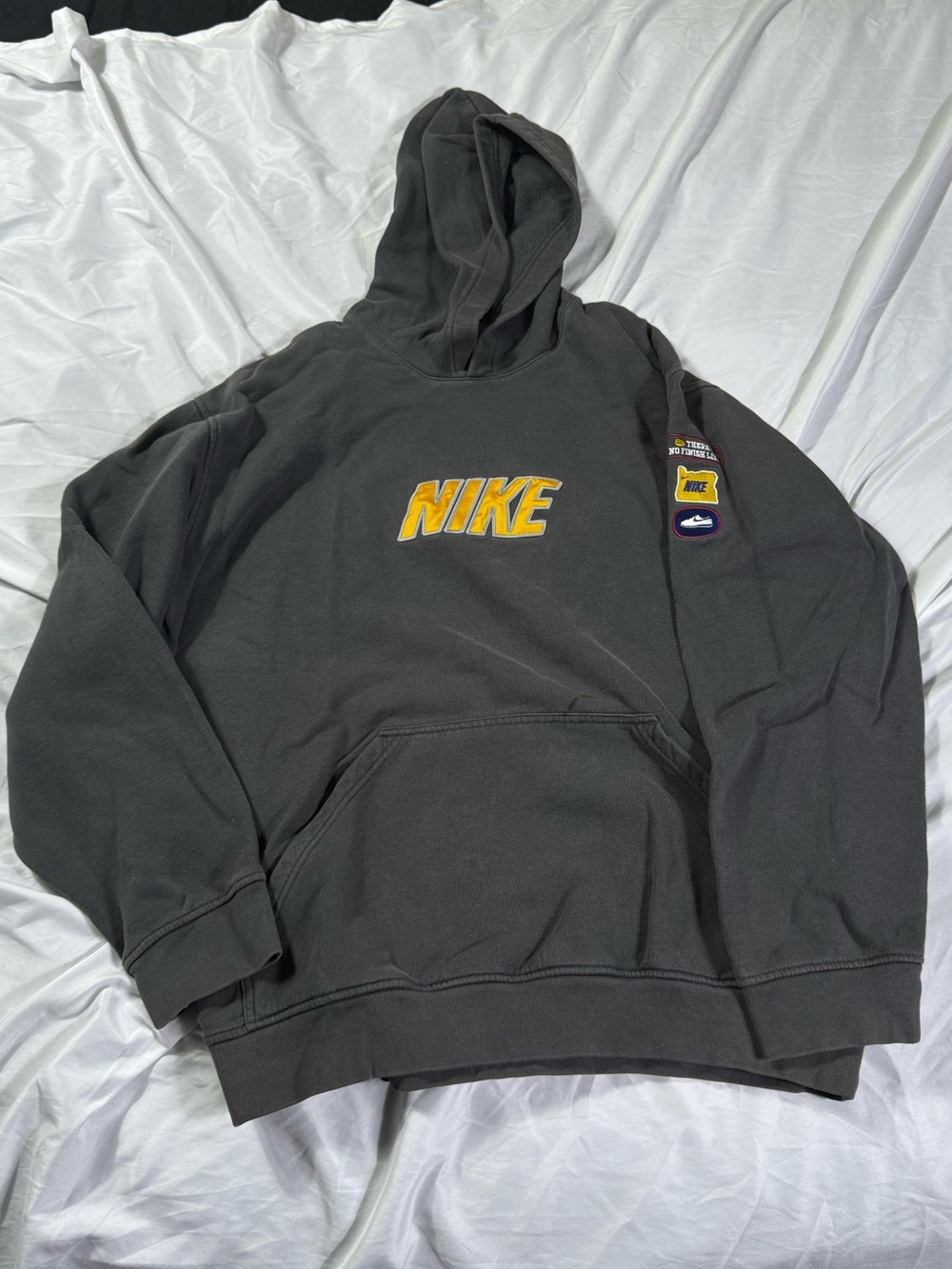 Vintage Nike Hoodie with Yellow Logo Y2K Gray XL